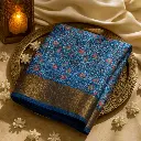 Elegant Blue Traditional Floral Print Silk Saree with Zari Border