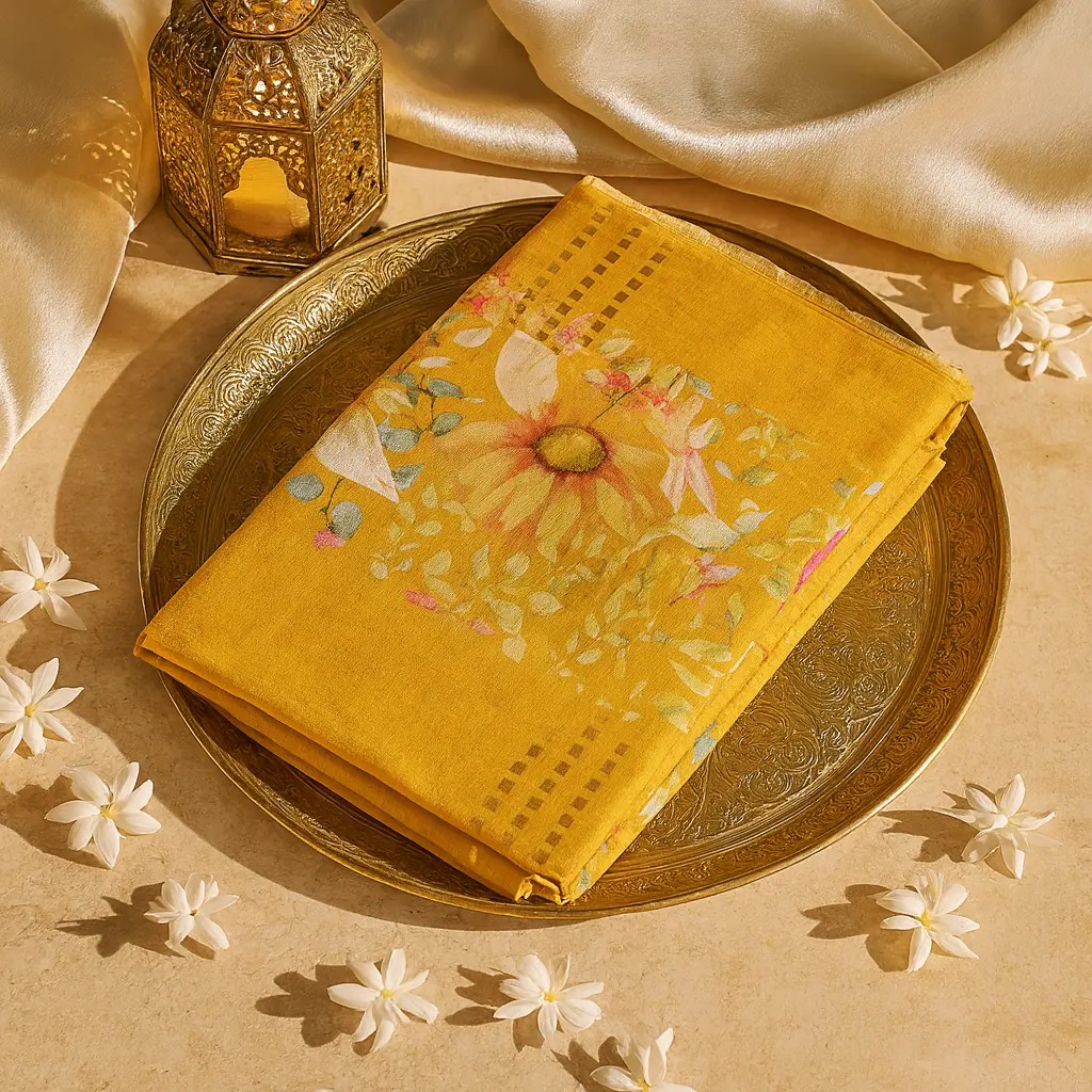 Elegant Mustard Floral Printed Saree with Shimmering Border