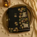Black Handcrafted Silk Saree with Lotus and Cow Motif