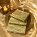 Elegant Sage Green Floral Pattern Saree with Metallic Stripes