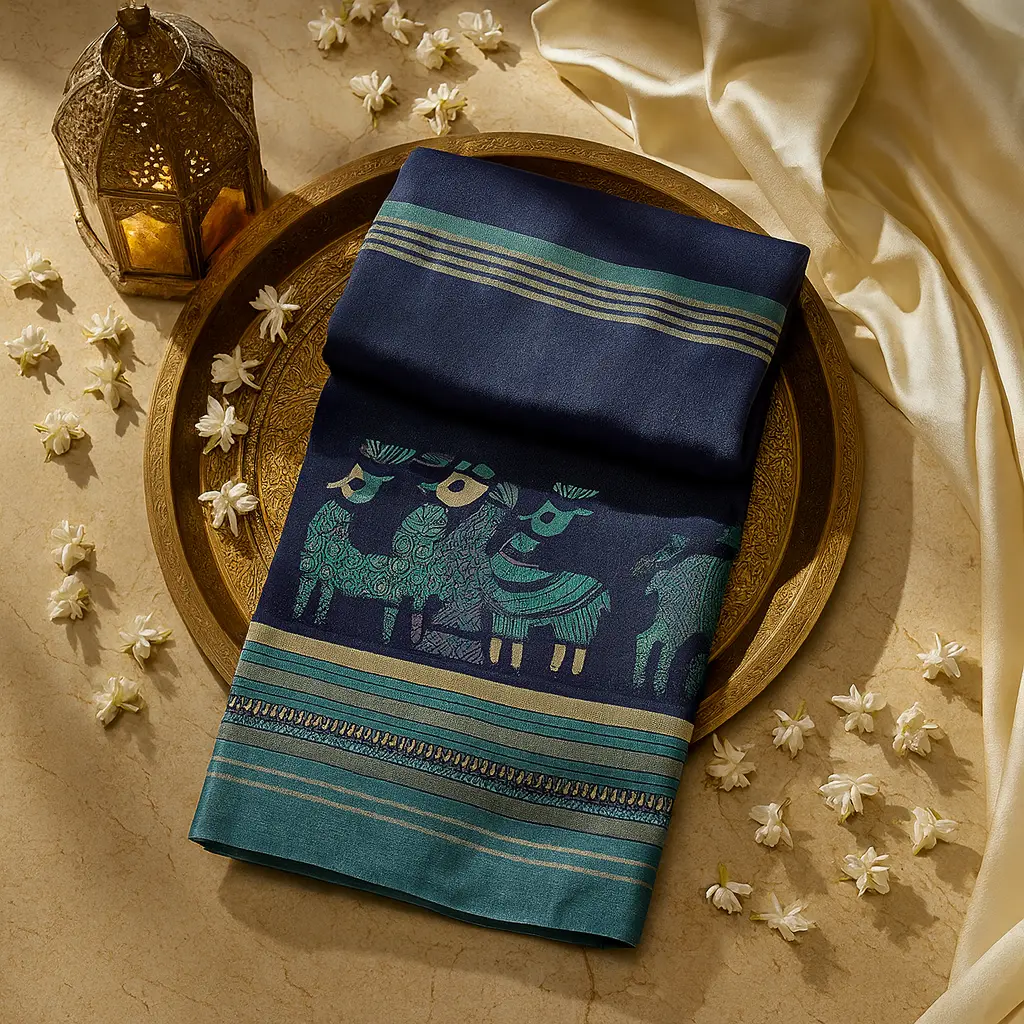 Elegant Navy and Teal Animal Motif Cotton Silk Saree