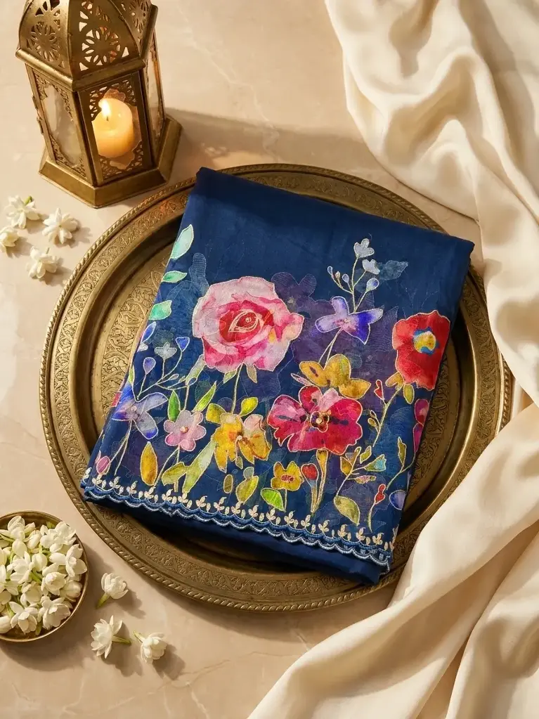 Royal Blue Hand-Highlighted Floral Organza Silk Saree