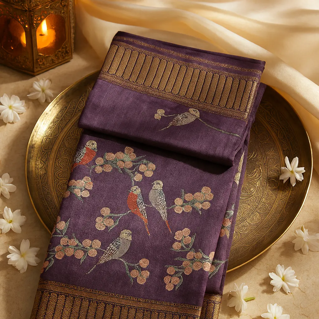 Elegant Deep Purple Bird Motif Saree with Zari Border