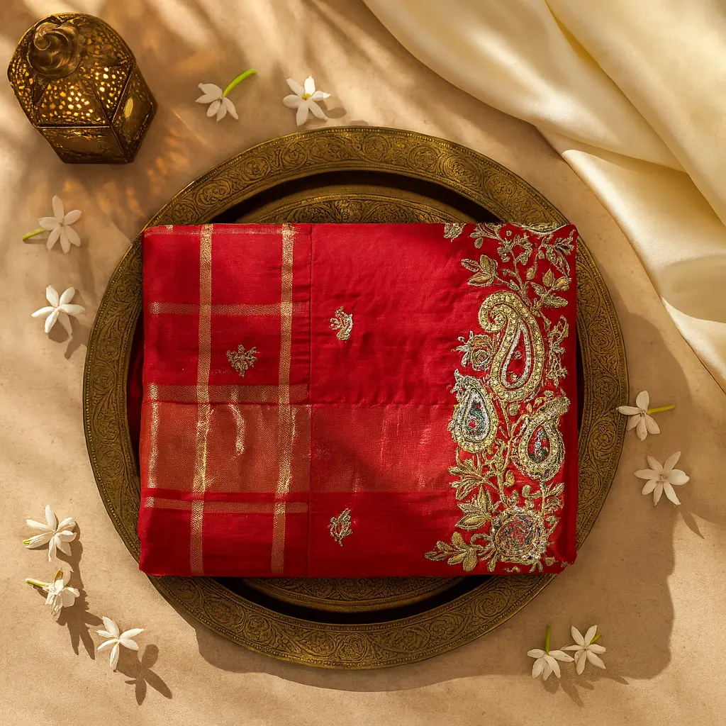 Elegant Red Embroidered Saree with Zari Checkered Pattern