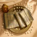 Elegant Grey and Gold Floral Brocade Silk Blend Saree