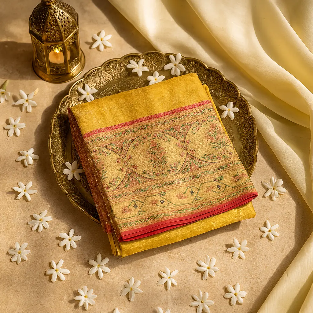 Elegant Yellow Silk Saree With Intricate Traditional Floral Border 