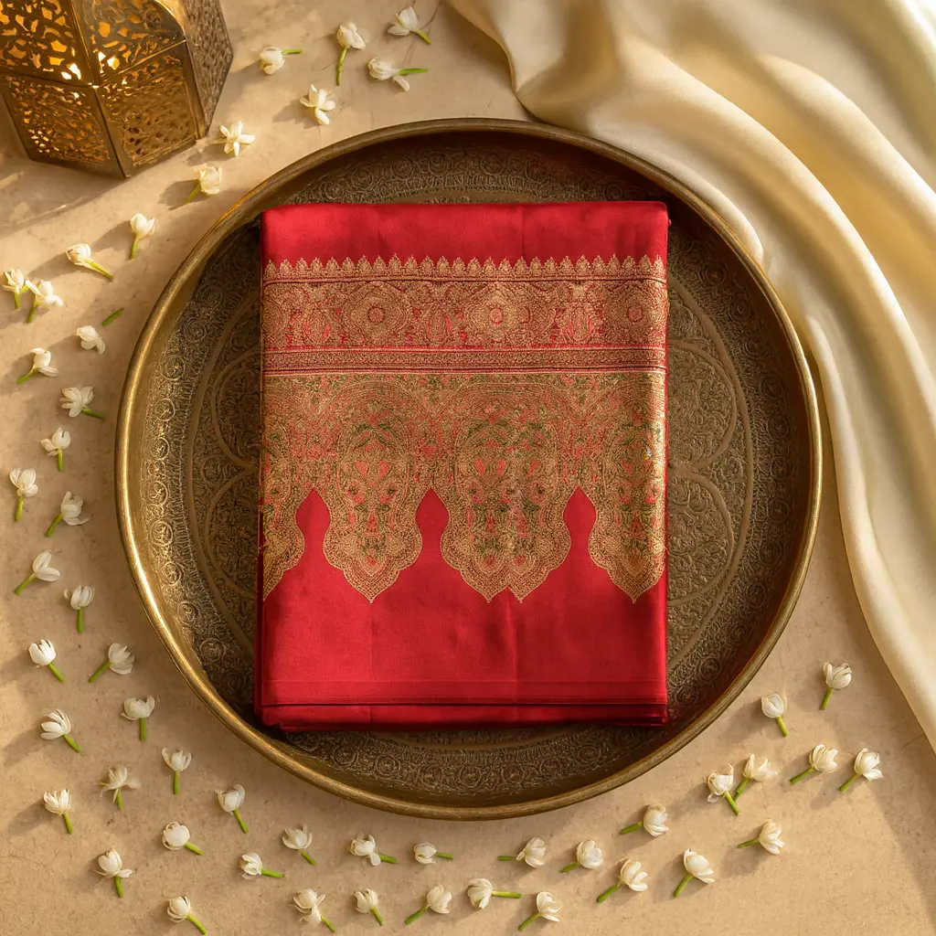 Elegant Red Silk Blend Zari Woven Festive Saree