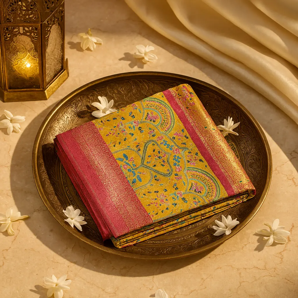 Exquisite Mustard Embroidered Silk Saree with Pink Zari Border