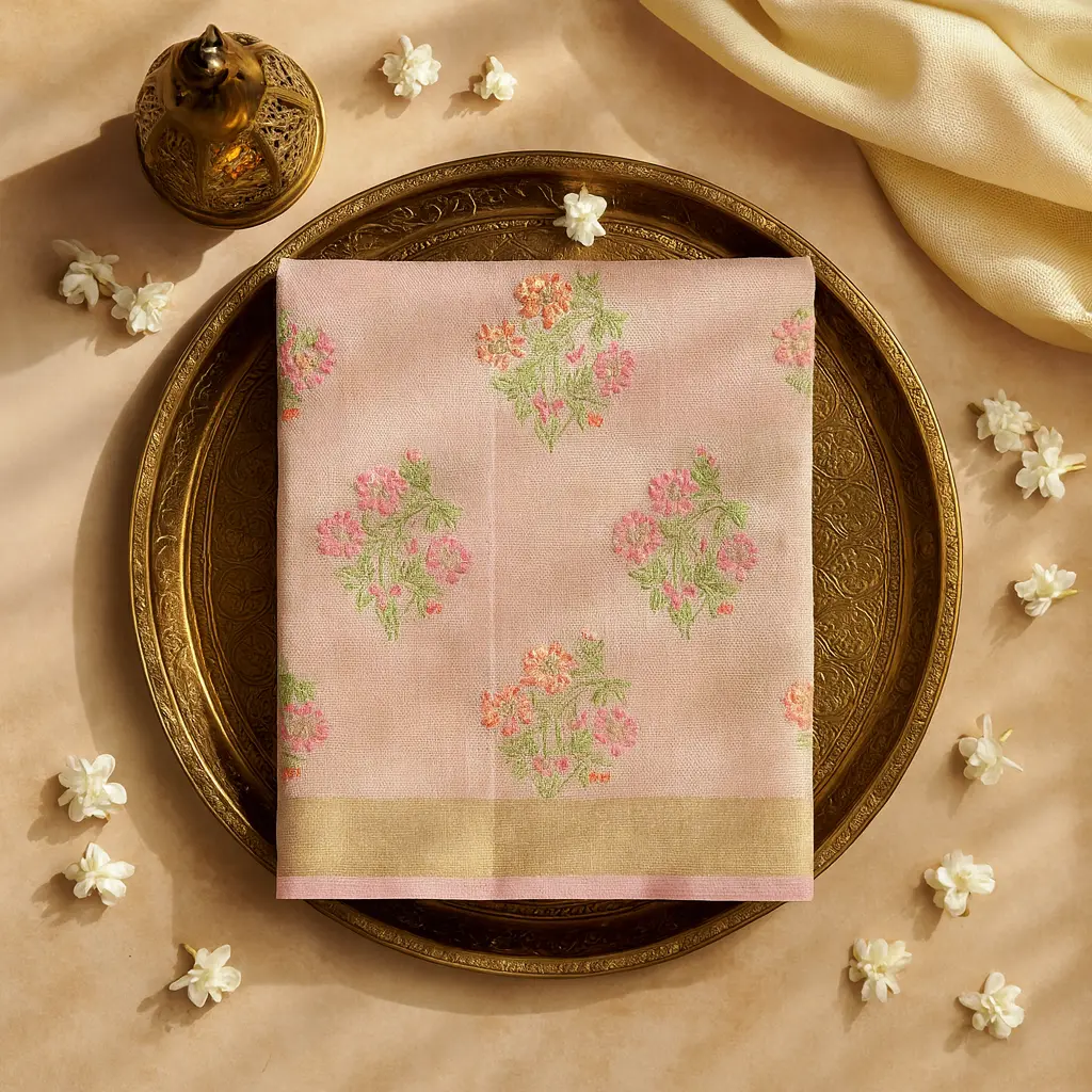 Elegant Peach Tissue Silk Saree with Floral Border
