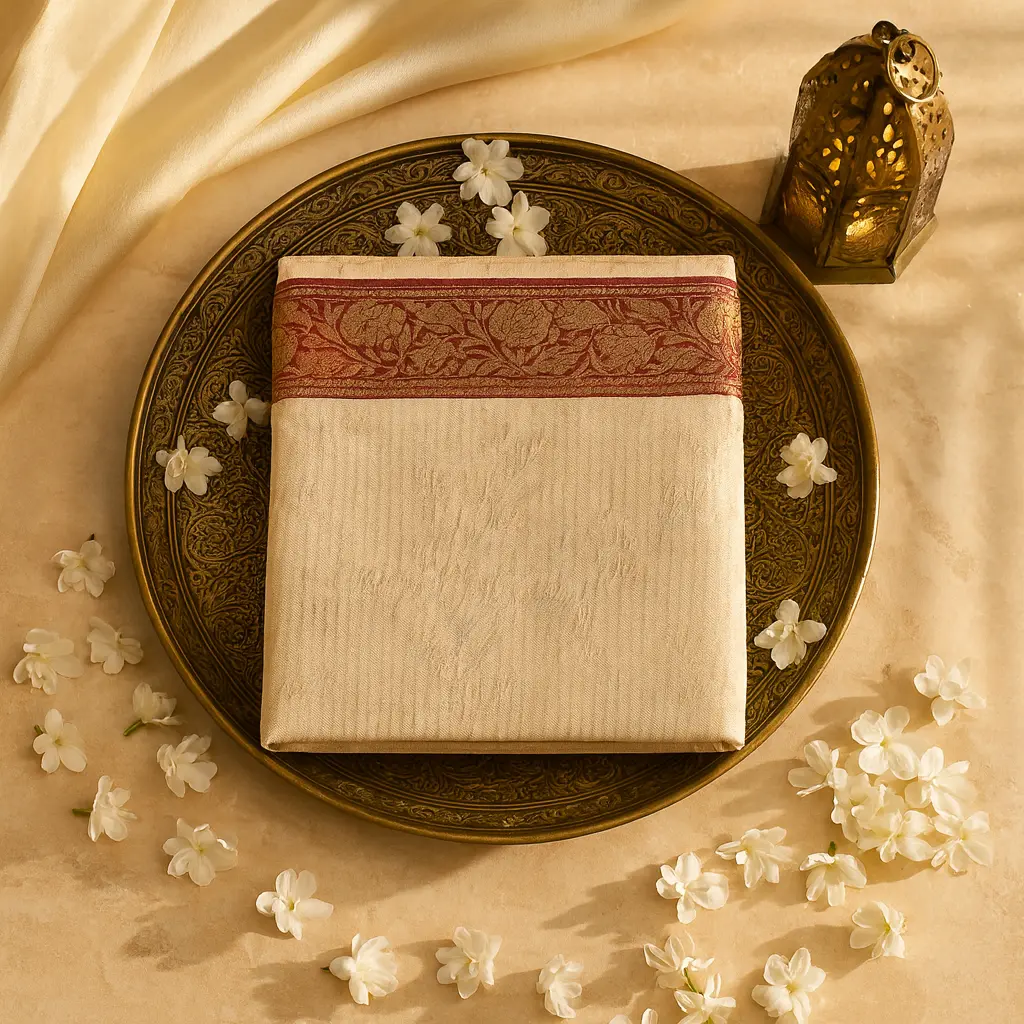 Elegant Beige Embroidered Tissue Saree with Delicate Floral Motif