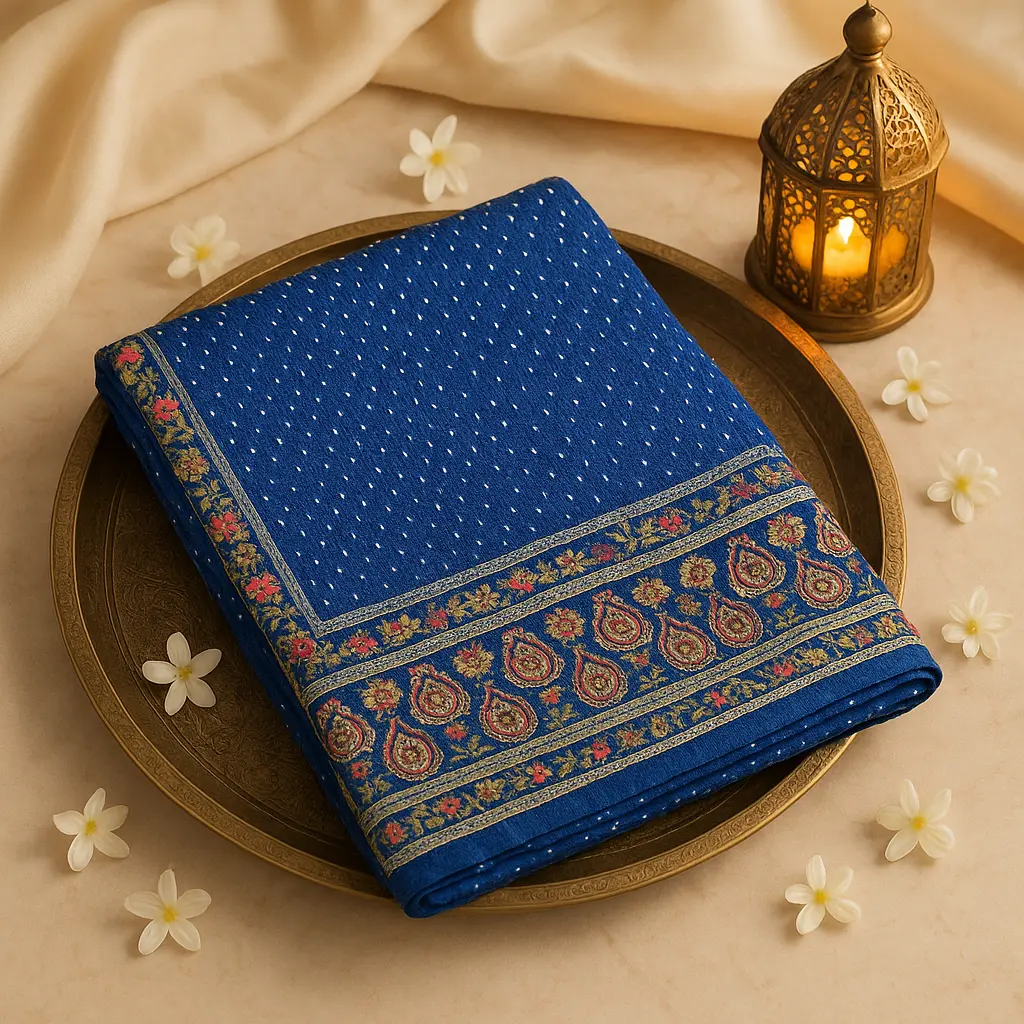 Royal Blue Bandhani Viscose Saree with Floral Zari Border