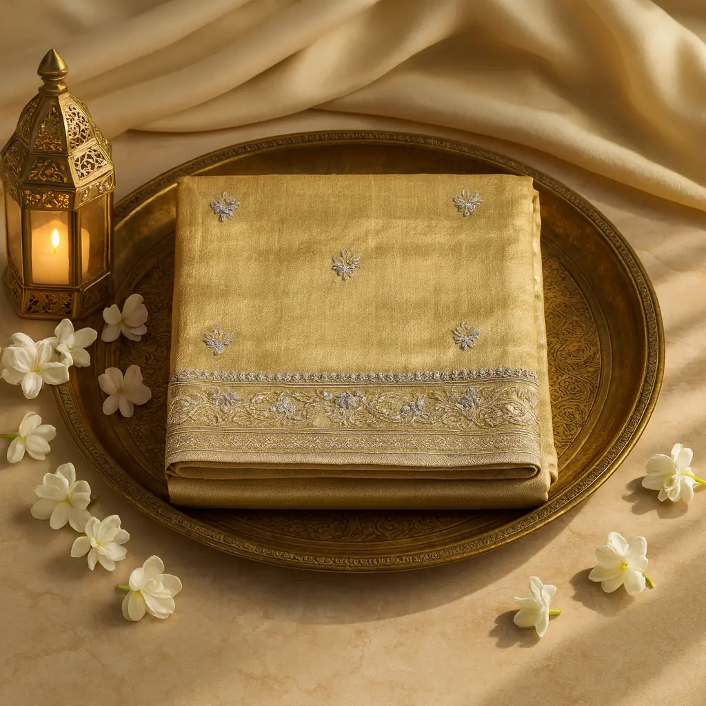 Elegant Gold Tissue Silk Saree with Intricate Border Embroidery