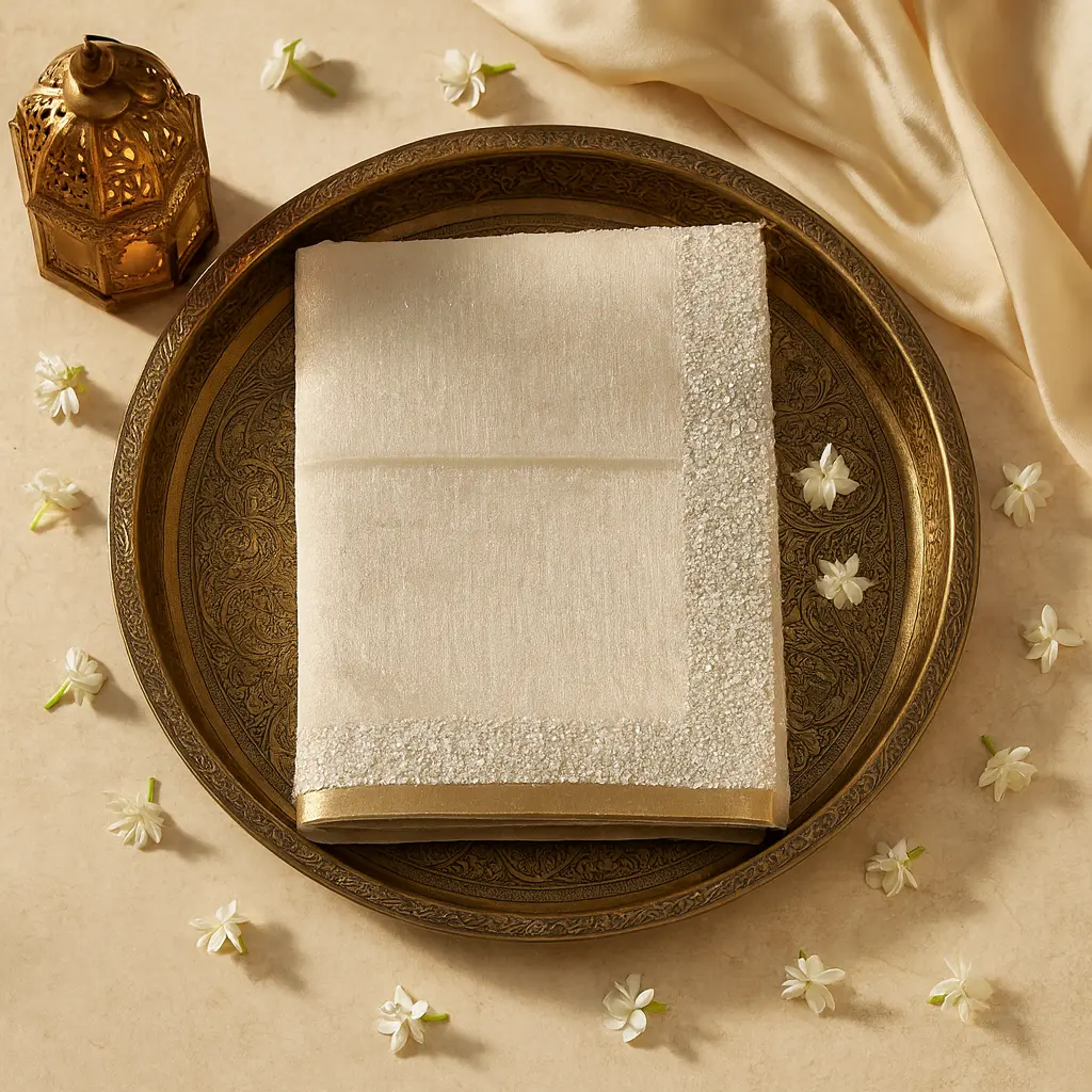 Ivory Gold Shimmer Tissue Organza Saree with Pearl Border