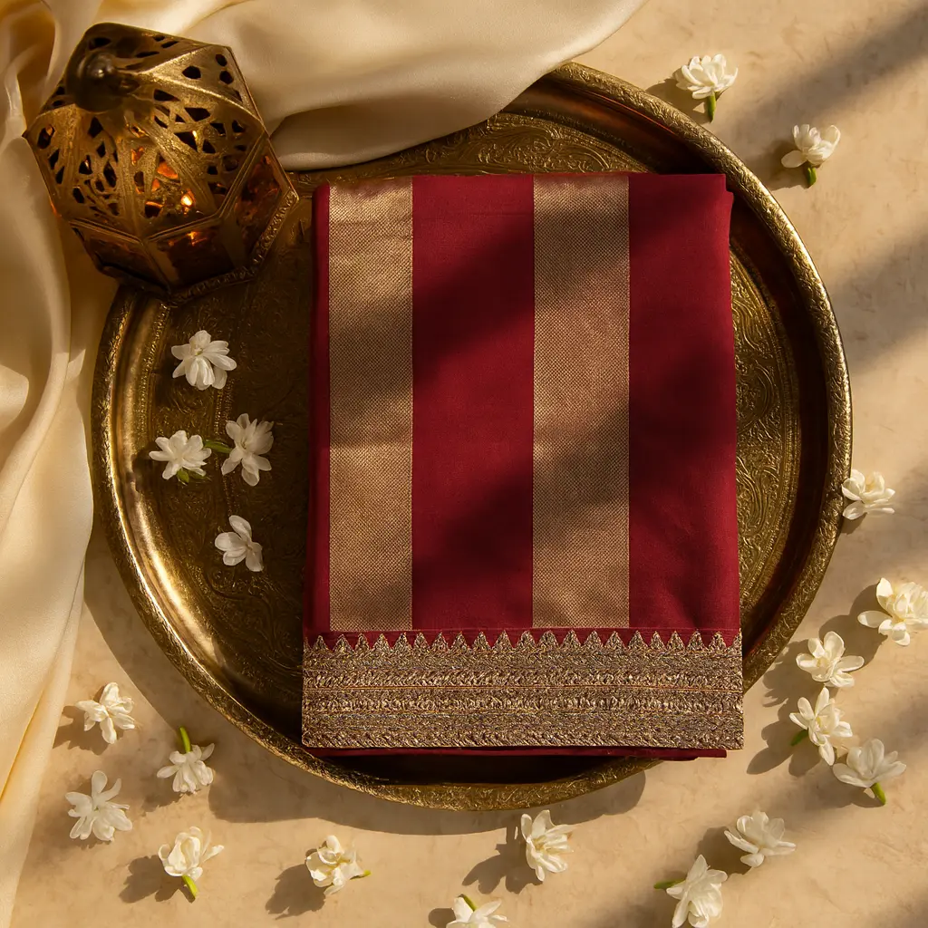 Crimson Red Saree with Metallic Gold Stripes and Embellished Border