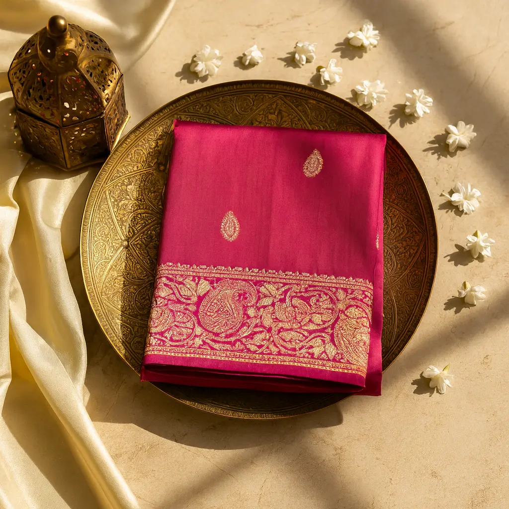 Elegant Fuchsia Pink Silk Saree with Traditional Gold Zari Work