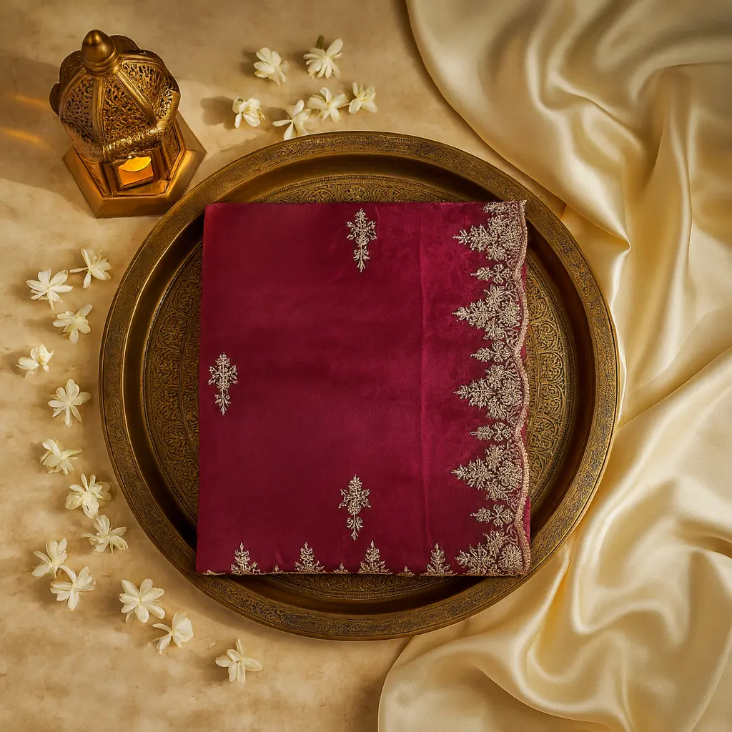 Elegant Wine Red Organza Saree with Scalloped Embroidered Border