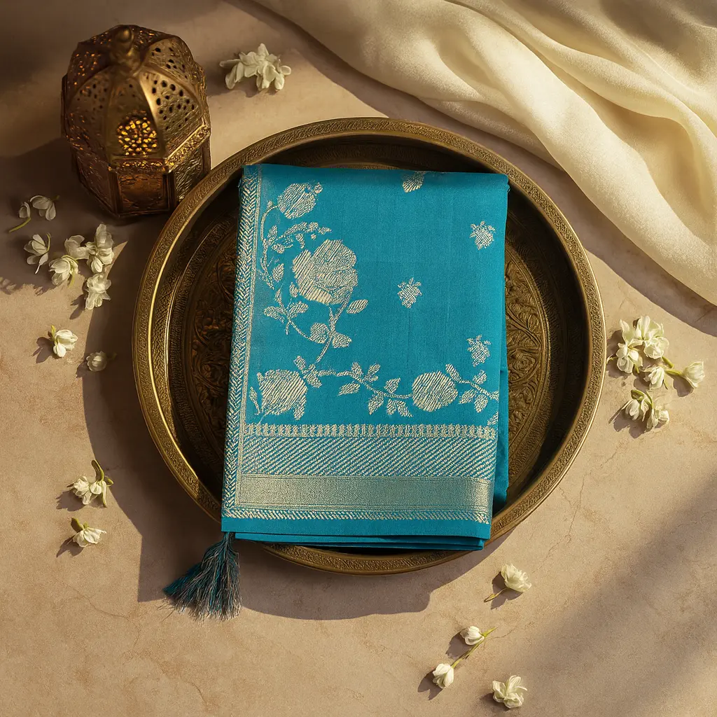 Elegant Teal Saree with Floral Silver Zari Embroidery Border
