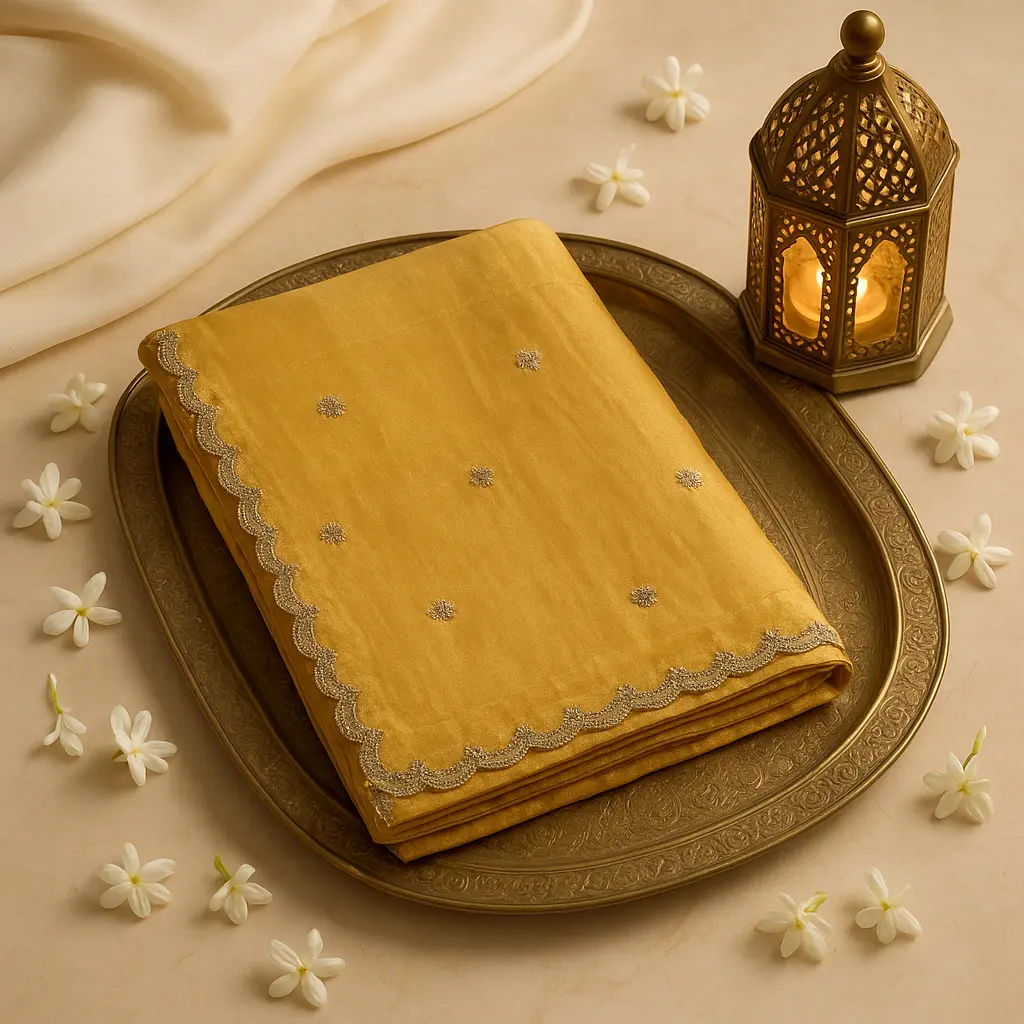 Elegant Gold Tissue Saree with Scalloped Sequin Border