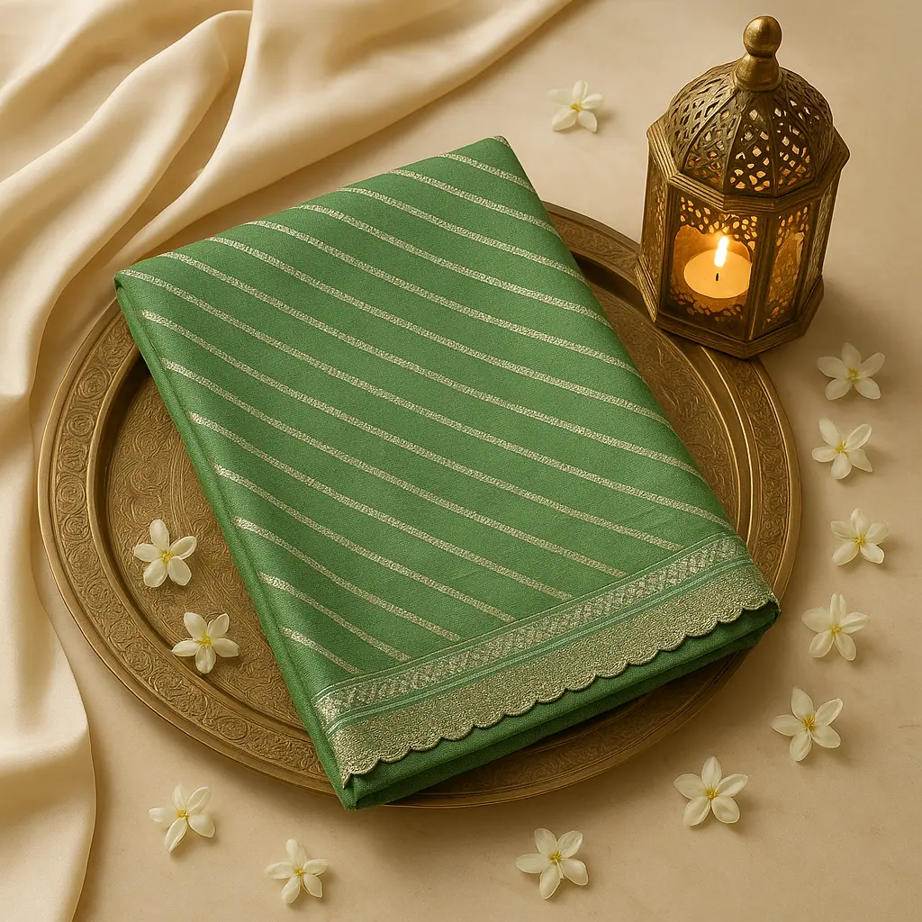 Elegant Sage Green Diagonal Stripe Zari Saree with Embroidery
