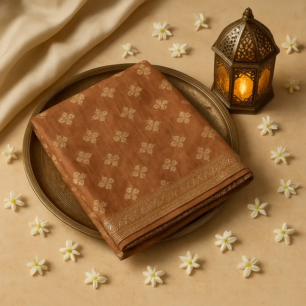 Elegant Copper Shimmer Saree with Intricate Gold Motif Work