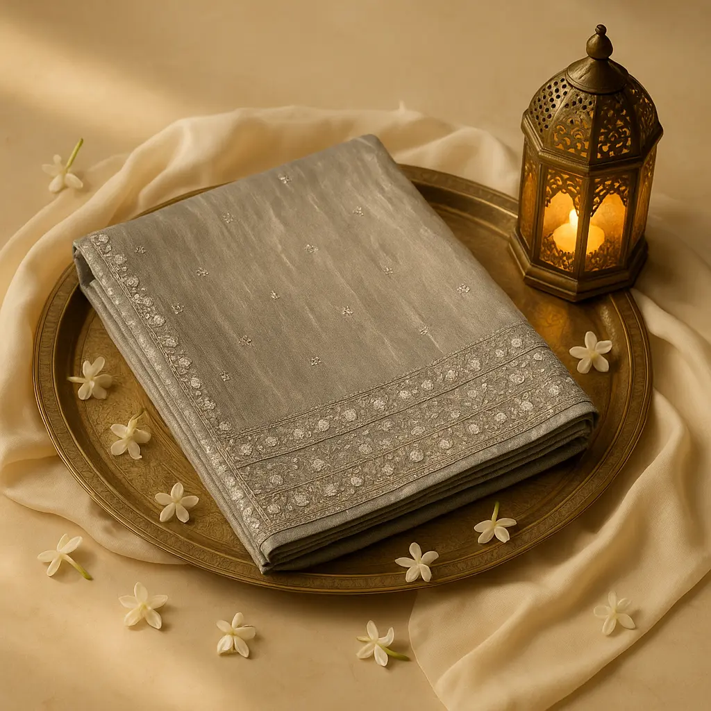Elegant Metallic Grey Embroidered Designer Saree with Floral Detailing