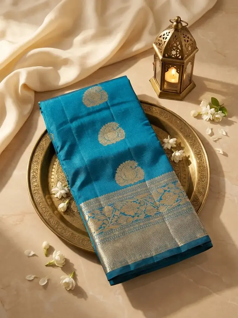 Peacock Blue Handwoven Silk Saree with Rich Gold Zari Border