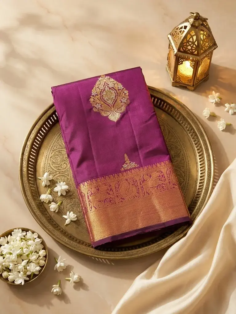 Wine Magenta Kanchipuram Silk Saree With Gold Zari Weave