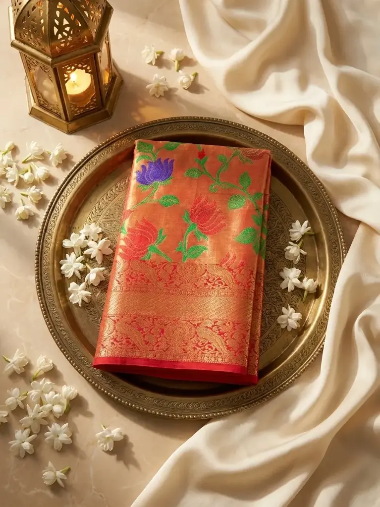 Coral Orange Paithani Weave Silk Saree with Zari Border