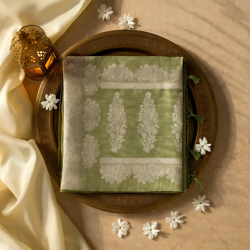 Elegant Olive Green Floral Woven Festive Saree 