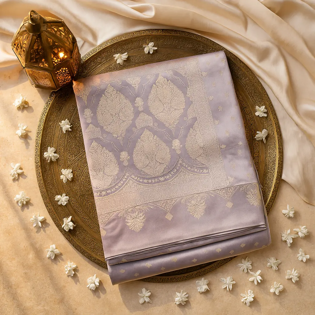 Elegant Dusty Lavender Banarasi Silk Saree with Gold Zari 