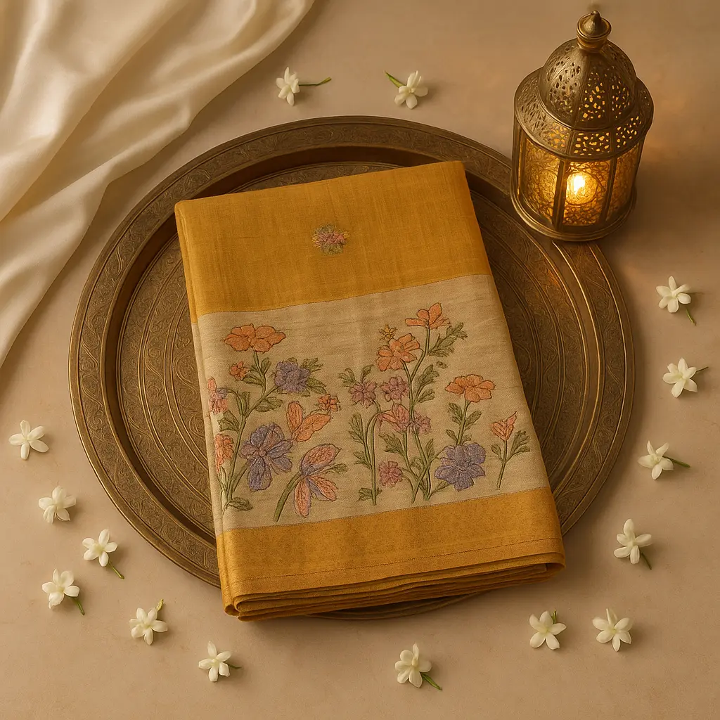 Elegant Mustard Textured Saree with Floral Sequin Embroidery 