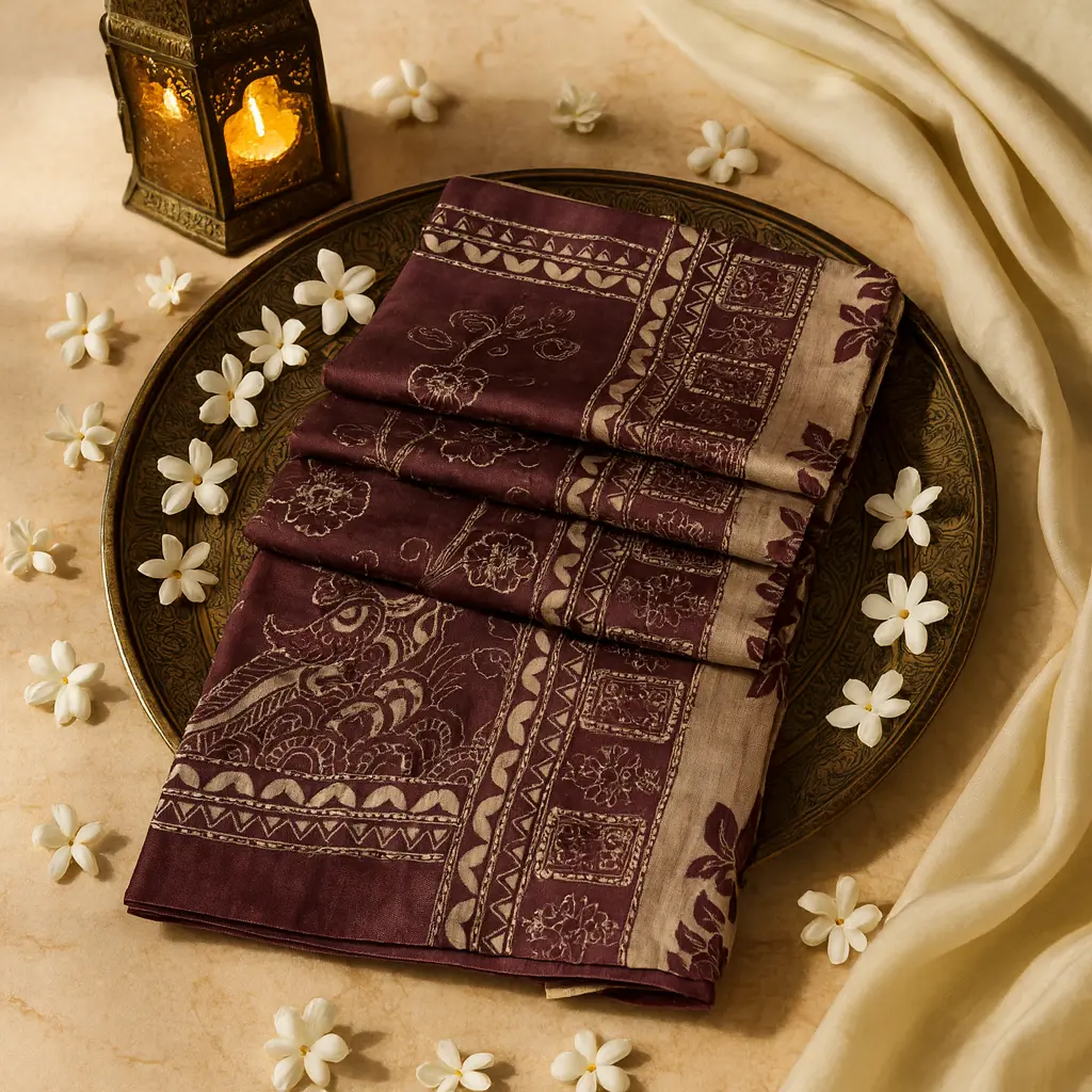 Elegant Deep Wine Hand-Embroidered Ethnic Silk Saree