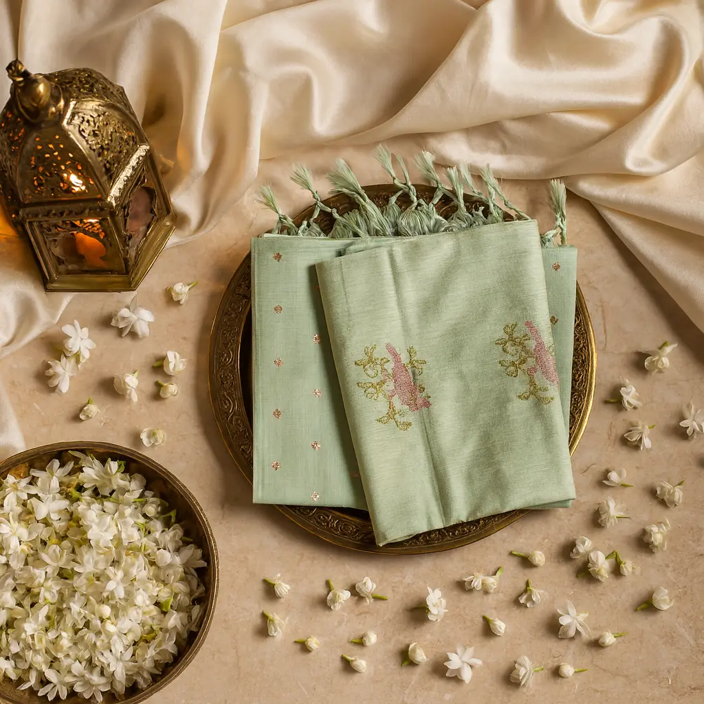 Elegant Mint Green Embroidered Saree with Bird Motif