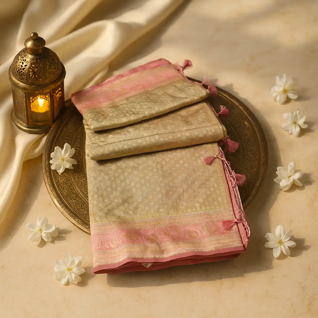 Elegant Beige and Pink Banarasi Silk Festive Saree