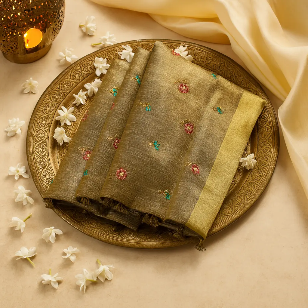Elegant Olive Green Embroidered Silk Saree with Gold Border