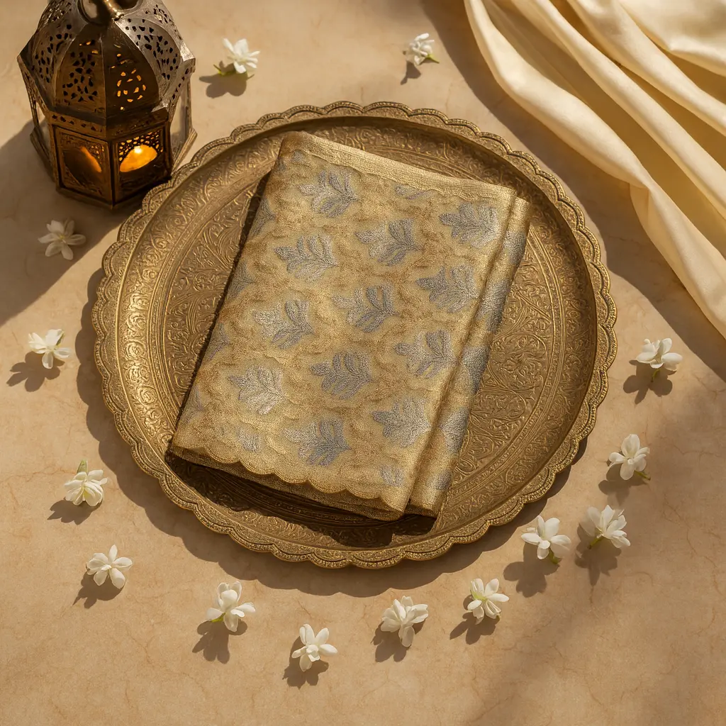 Elegant Golden Tissue Saree with Silver Zari Leaf Motifs