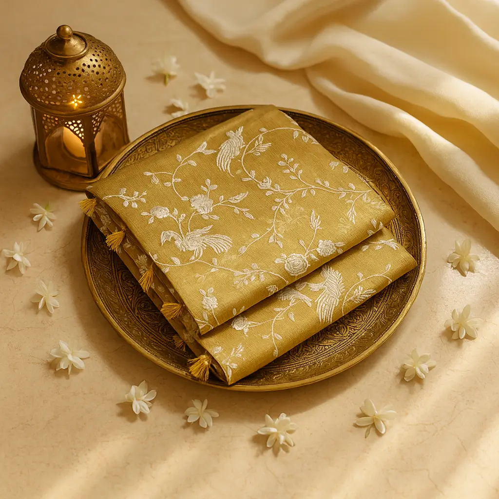Exquisite Golden Tissue Saree with Floral and Peacock Embroidery