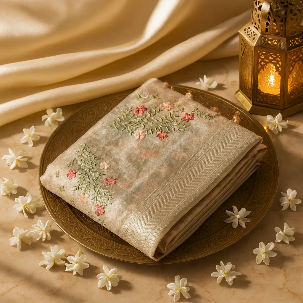 Elegant Beige Floral Embroidered Tissue Saree with Zari Border