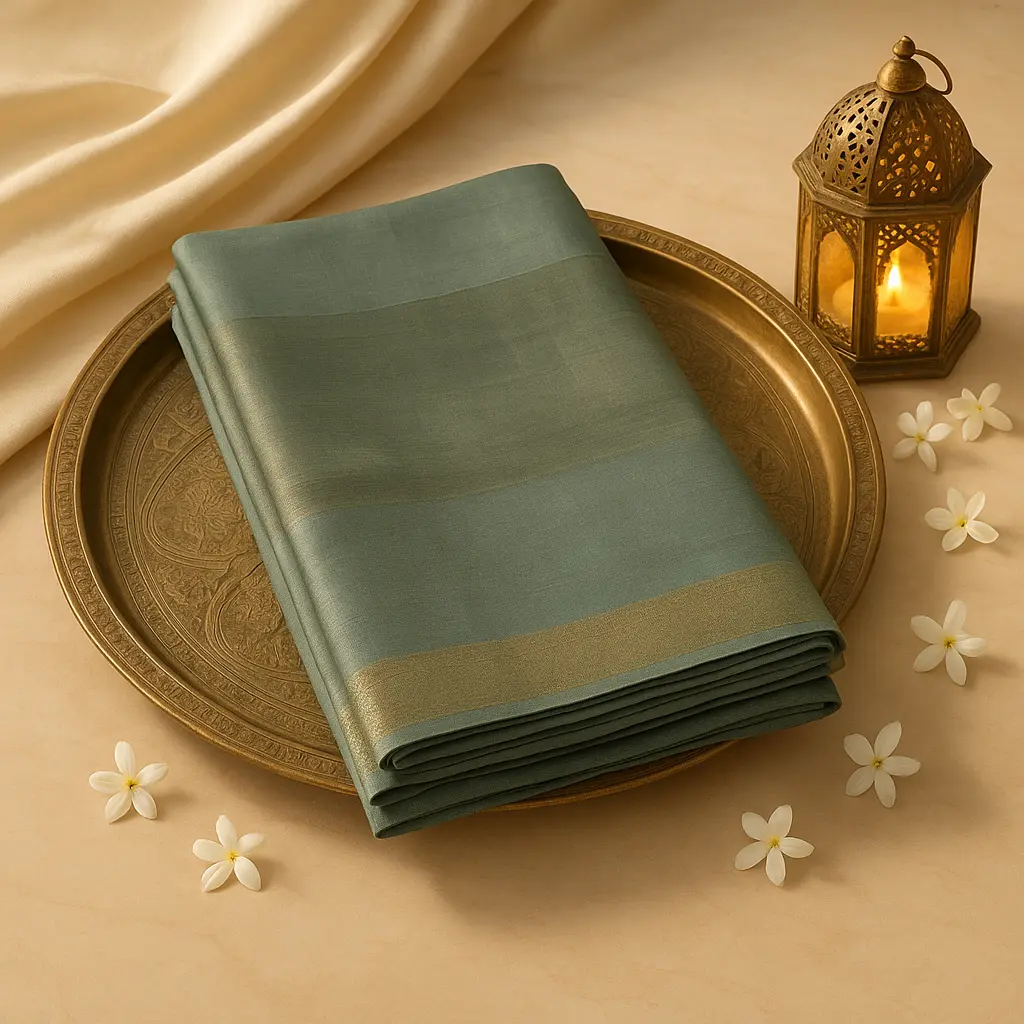 Elegant Olive Green Metallic Tissue Silk Saree with Tassels