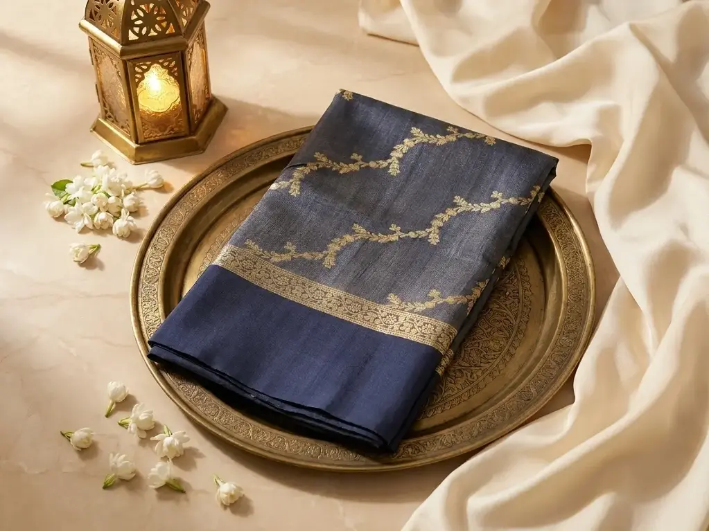 Midnight Blue Handwoven Raw Silk Saree with Antique Zari
