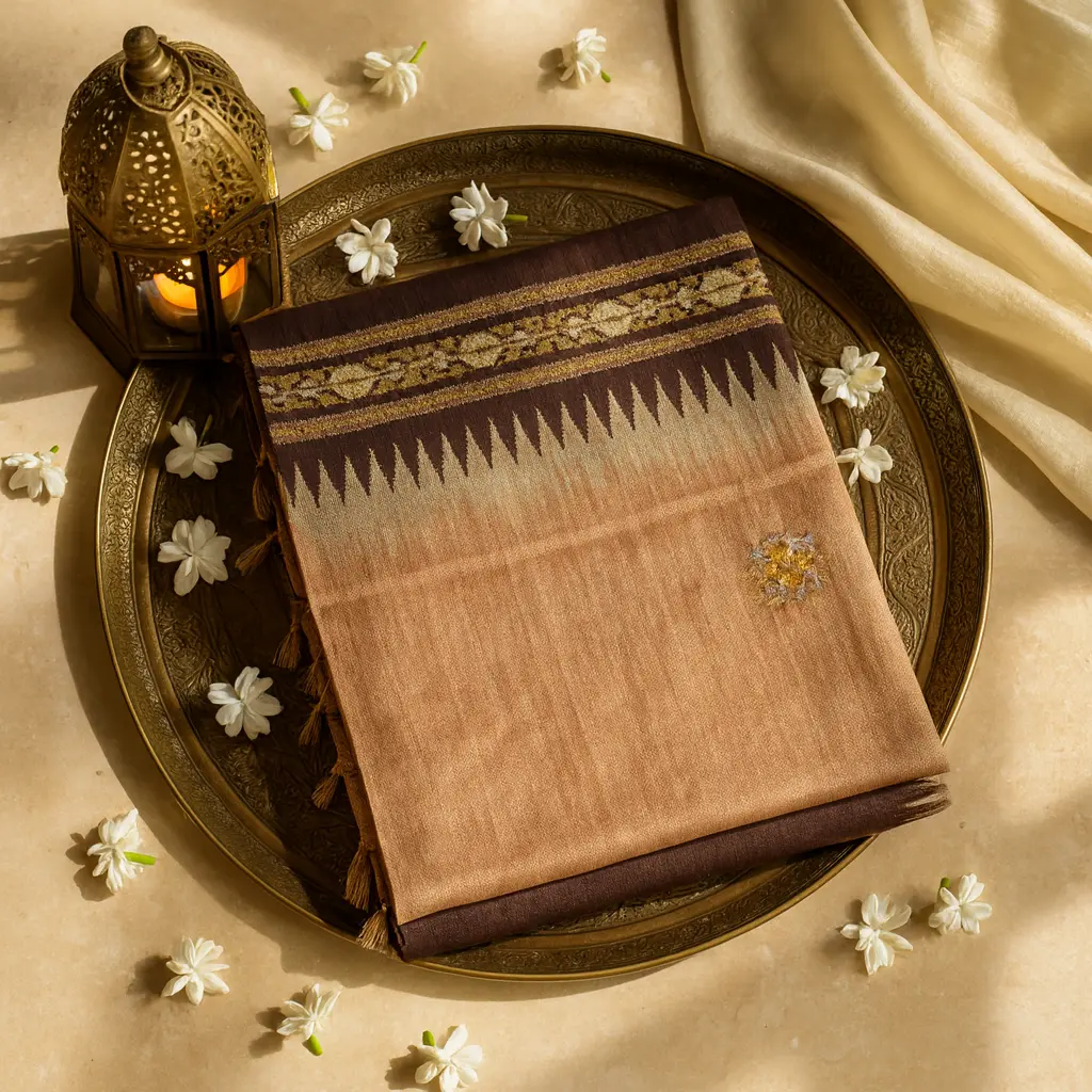 Elegant Peach and Brown Embroidered Ethnic Silk Blend Saree