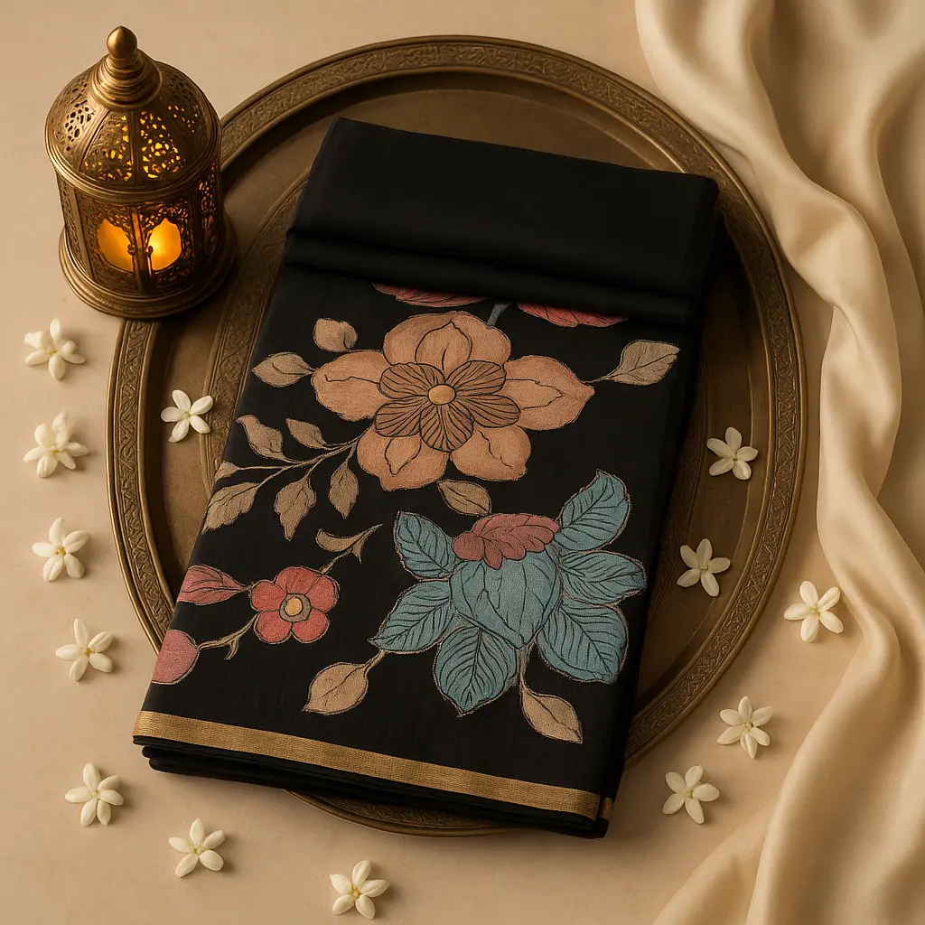 Elegant Black Floral Print Designer Saree with Zari Border