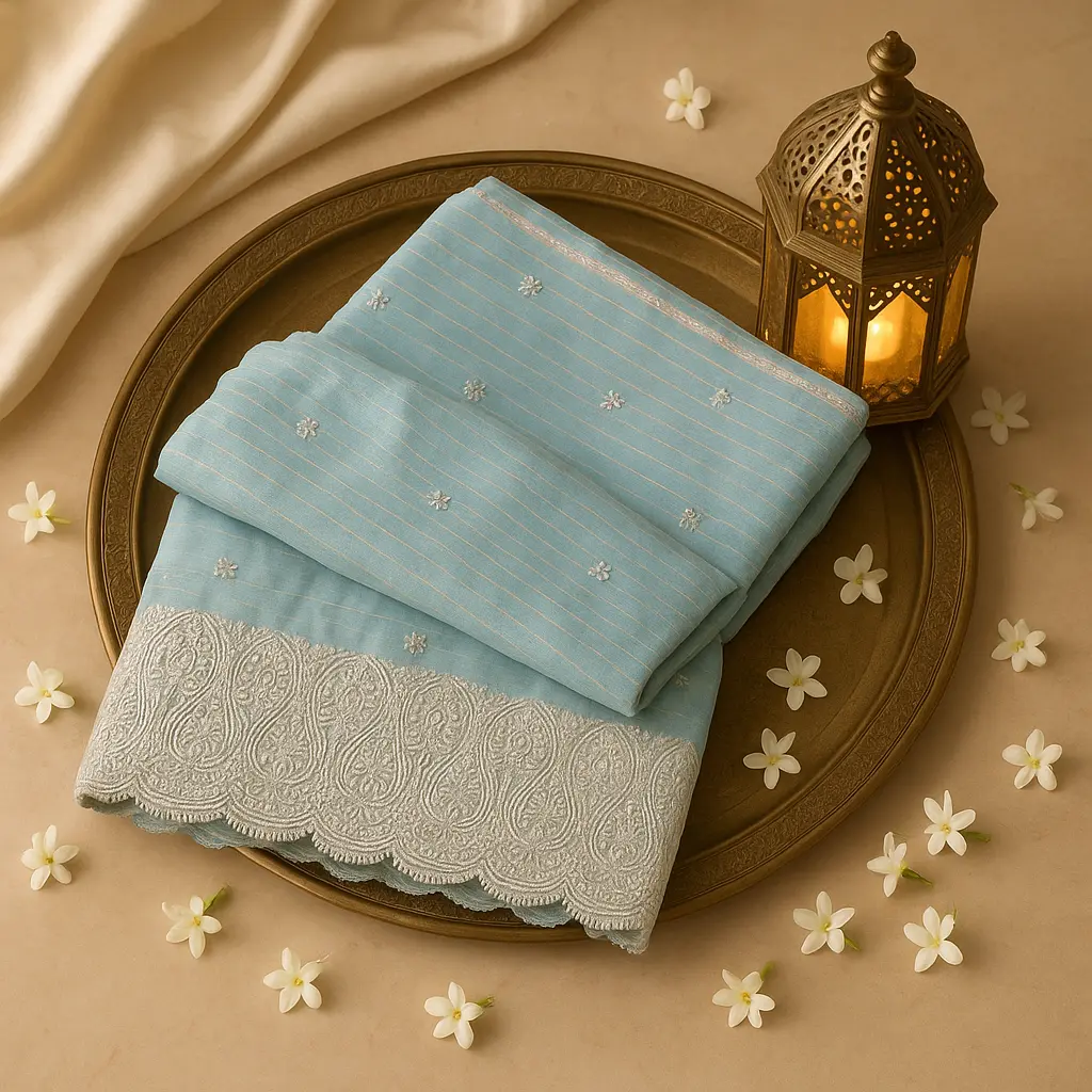 Elegant Sky Blue Designer Saree with Intricate Scalloped Border