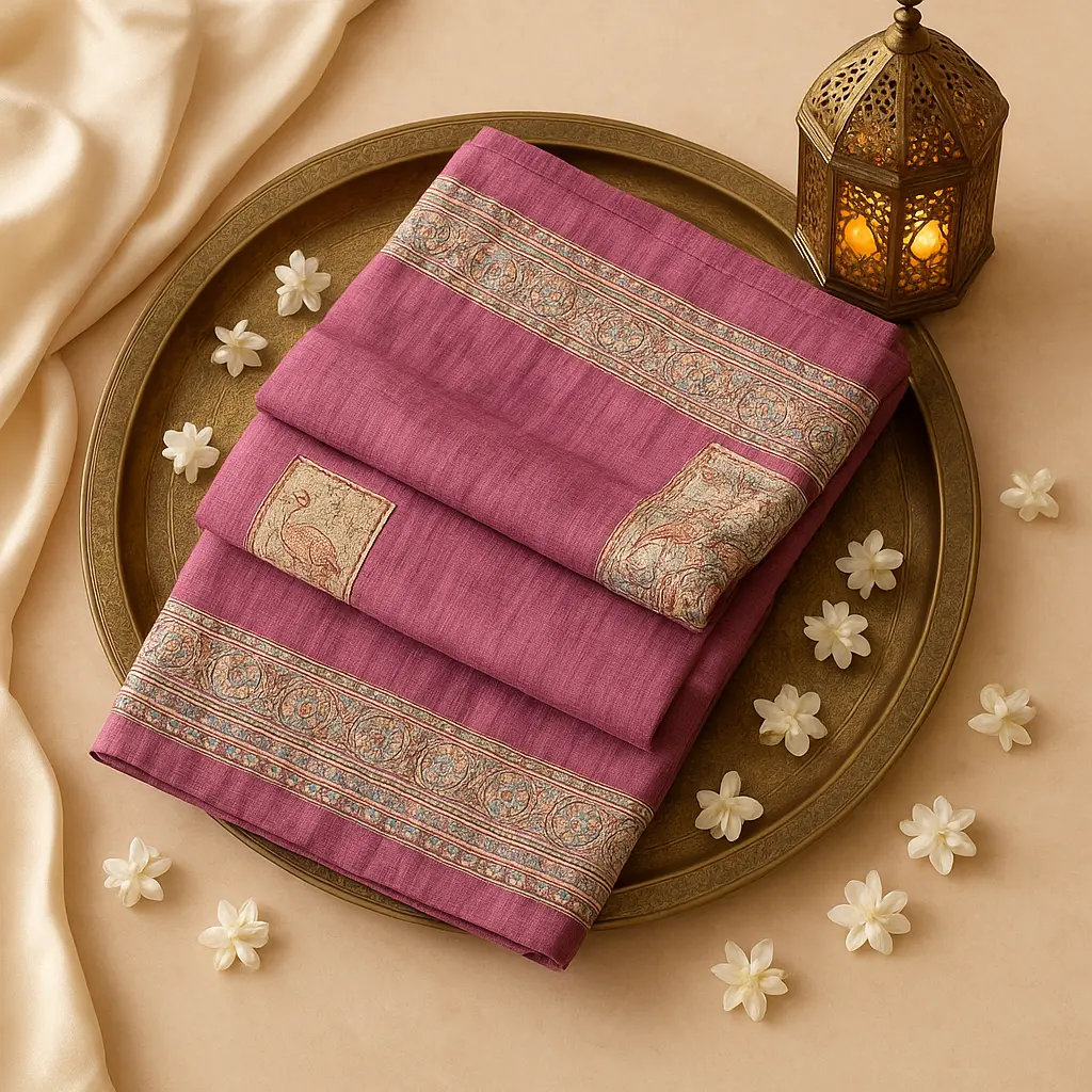 Elegant Mauve Floral Hand-Block Print Designer Silk Saree 
