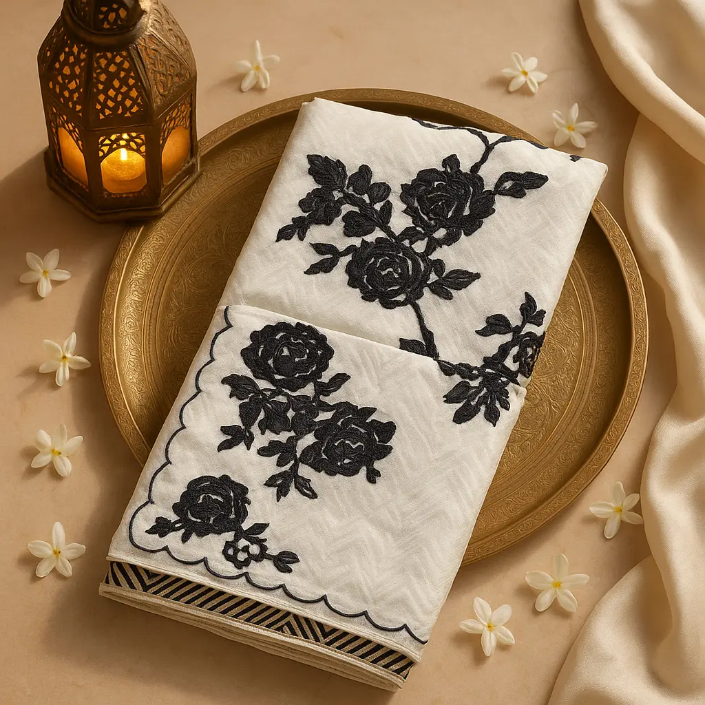 Elegant Monochrome Geometric Floral Embroidered Designer Saree