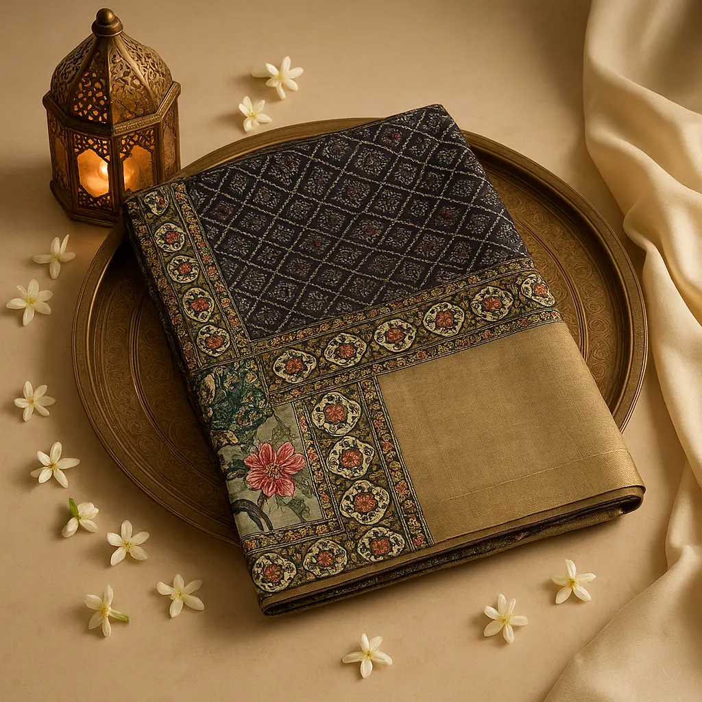 Elegant Black Floral Print Saree with Rich Gold Zari Border