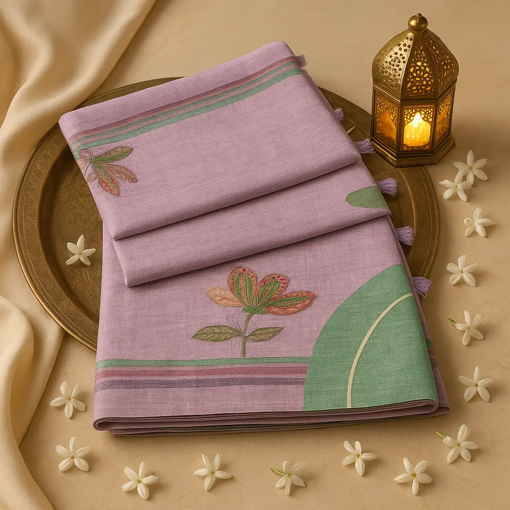 Elegant Lavender Linen Floral Embroidered Saree with Tassels