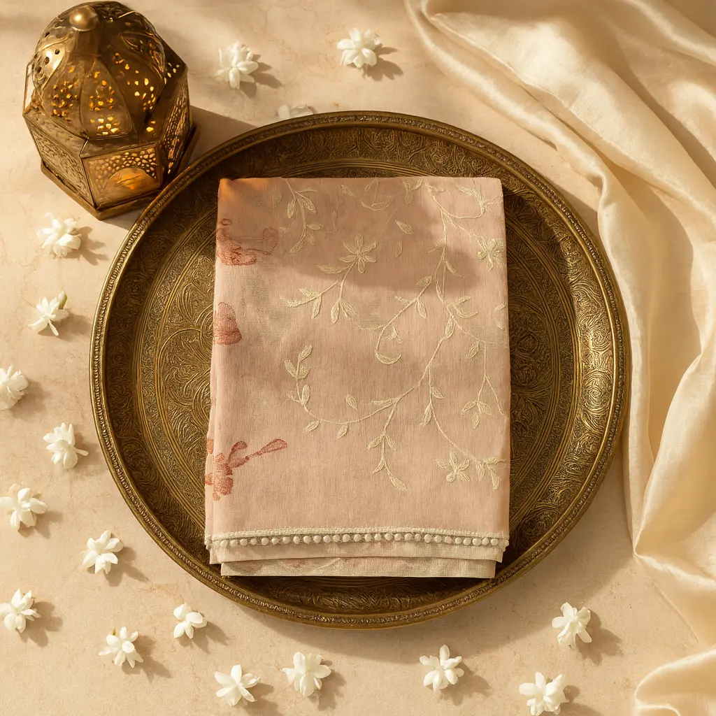 Elegant Peach Floral Embroidered Organza Saree with Lace Border