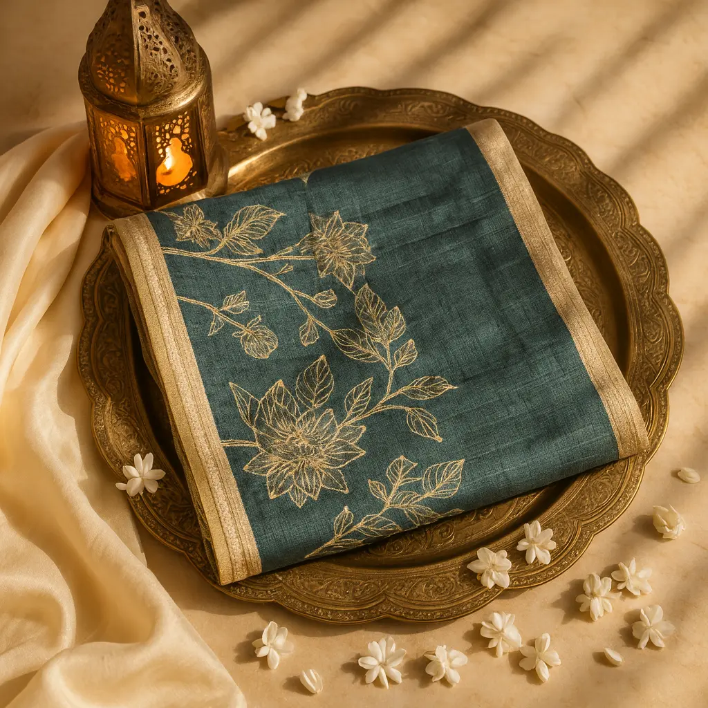 Elegant Teal Embroidered Art Silk Saree with Gold Border