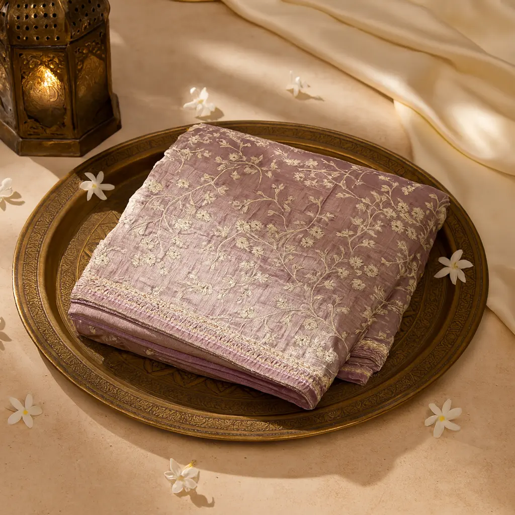 Elegant Mauve Floral Embroidered Organza Saree